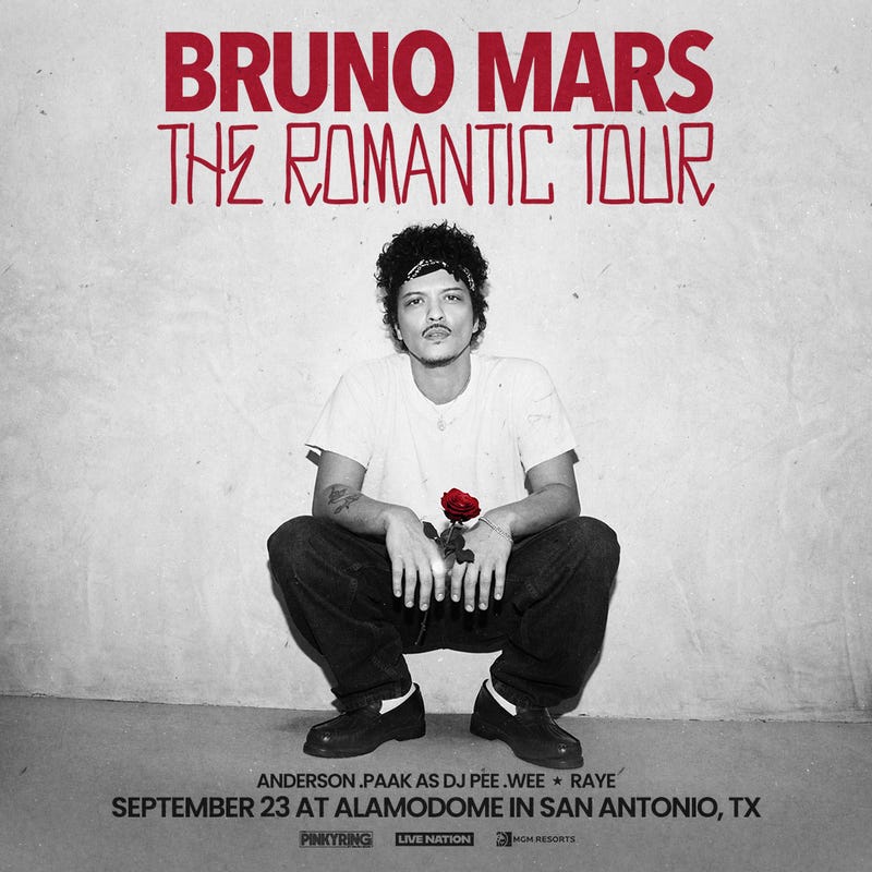 Event: Bruno Mars – The Romantic Tour  Support: Anderson .Paak as DJ Pee .Wee and Raye  Date: 09.23.26  Venue: Alamodome