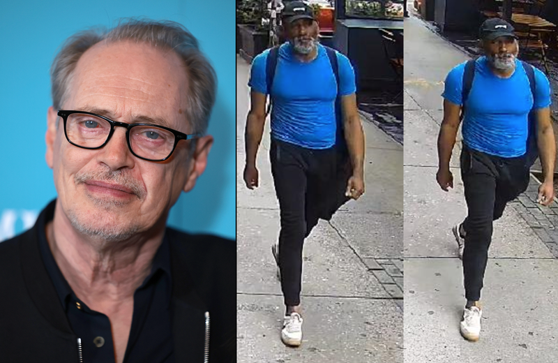 Left: Steve Buscemi attends the "Problemista" New York Screening at Village East Cinema on February 27, 2024. Right: The man being sought in the attack on Buscemi.