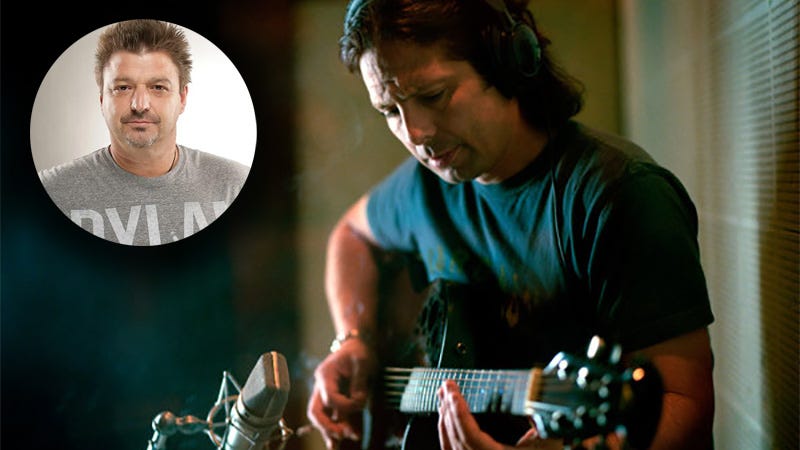 Al Pitrelli playing guitar with small inset picture of Stoney