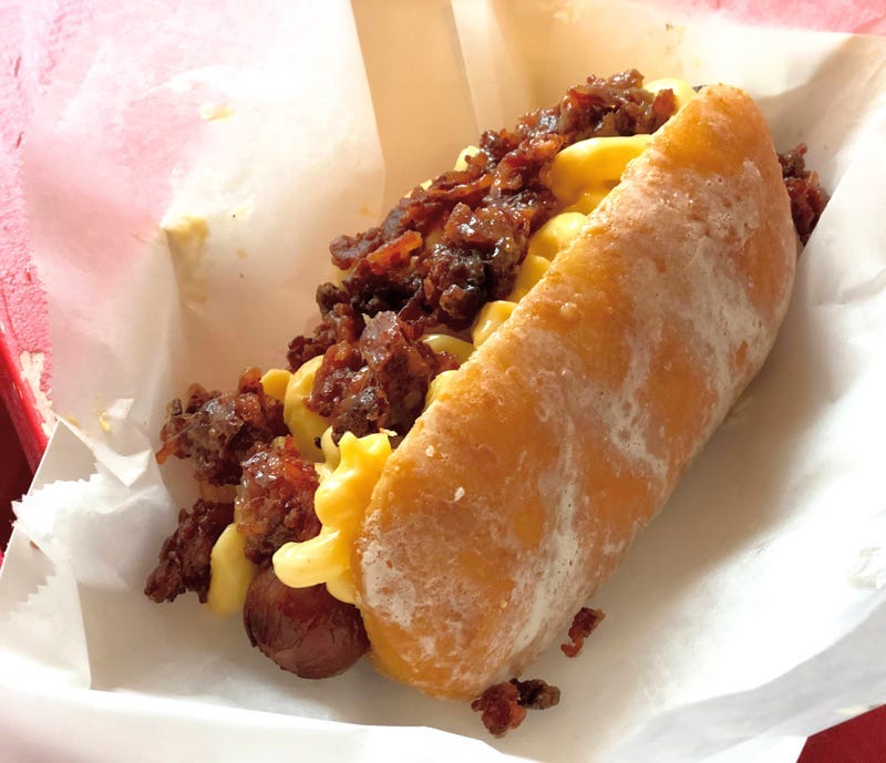 donut hot dog with mac and cheese and bacon