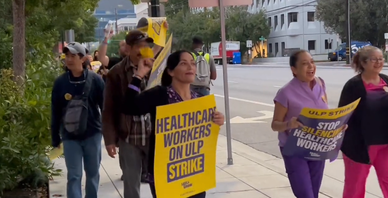 Healthcare workers at Providence St. Joseph Medical Center in Burbank kicked off their five-day walkout on Monday. 