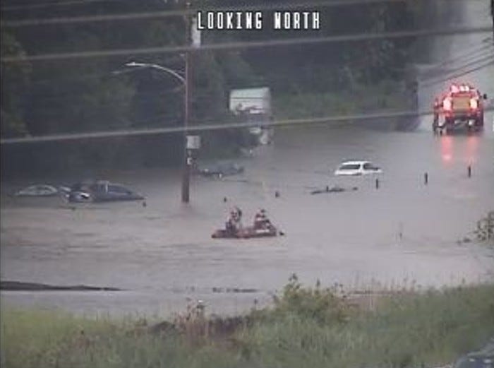 Route 13 in Bucks County, flooded out with drivers stranded on July 12, 2021.