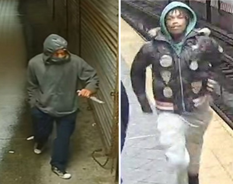 The two suspects in the separate stabbing sprees are seen on surveillance video. The man at left is allegedly Jermain Rigueur, suspected in six stabbings in Queens and Brooklyn. The second suspect has not been named but is a Queens resident with a long rap sheet, according to cops