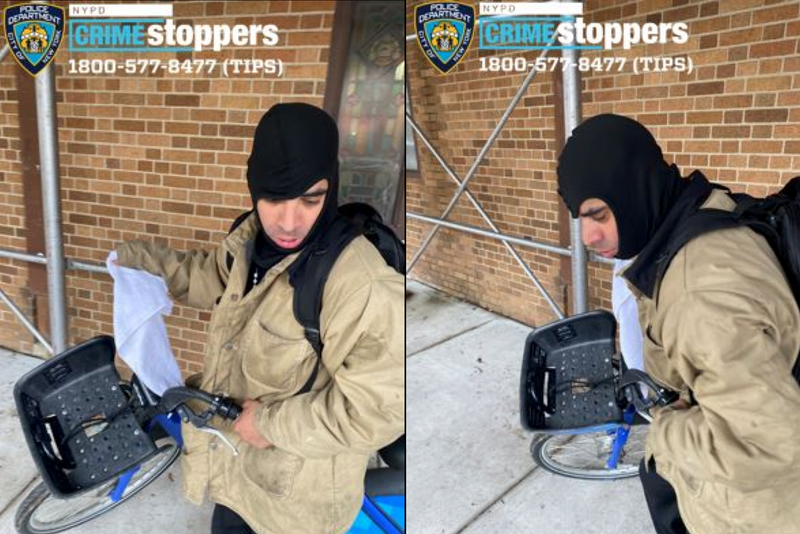 Police are searching for the suspect, who was last seen leaving the area on a bicycle after the vandalism on April 6