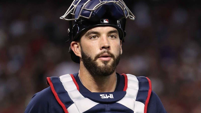 Boston Red Sox catcher Blake Swihart lifts his mask during a game against the Arizona Diamondbacks