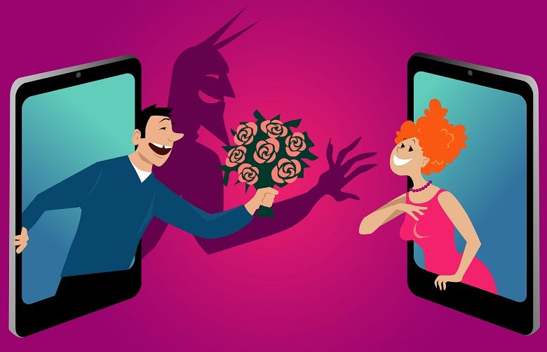 Devil in disguise reaching out to woman in her phone