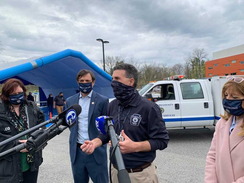 Delaware County Director of Emergency Services Tim Boyce speaks at the opening of a drive-thru COVID vaccine site in 2021.
