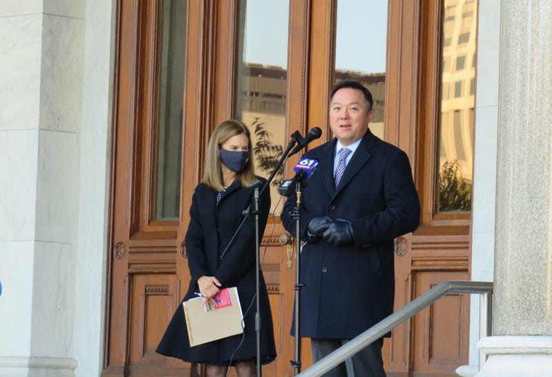 Attorney General William Tong with Lt. Gov. Susan Bysiewicz on the State Capitol steps