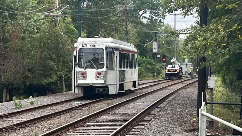 The affected trolley on the tracks near Springfield-Brookside Station in Delaware County.