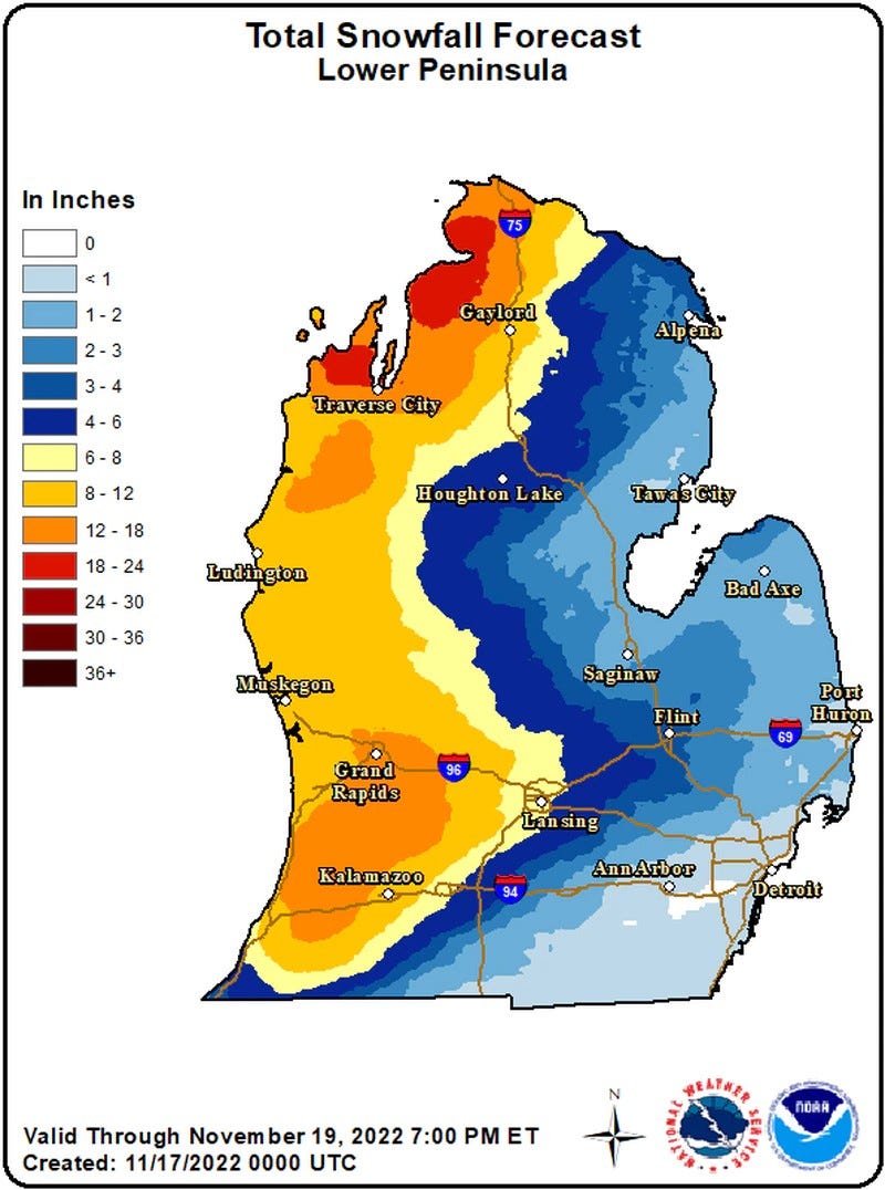 A major snow storm taking aim at Michigan's westside is forecasted to be a doozy as widespread lake-effect snow will blanket the region in over a foot of snowfall, while other areas may see close to two feet from now through the weekend, experts say.