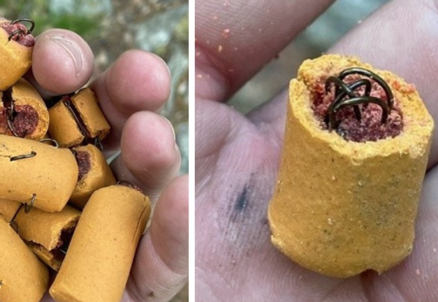 Dog treats stuffed with hooks