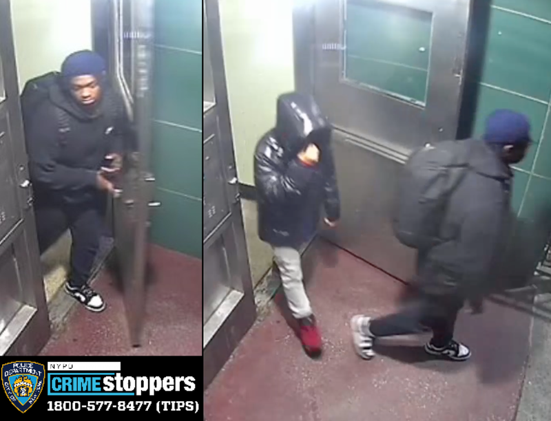 The NYPD released images Tuesday of two of the three suspects sought in the Feb. 3 robbery in Olinville