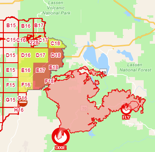 Evacuation orders and warnings in Tehama County (upper left) in relation to the Dixie and Fly fires.