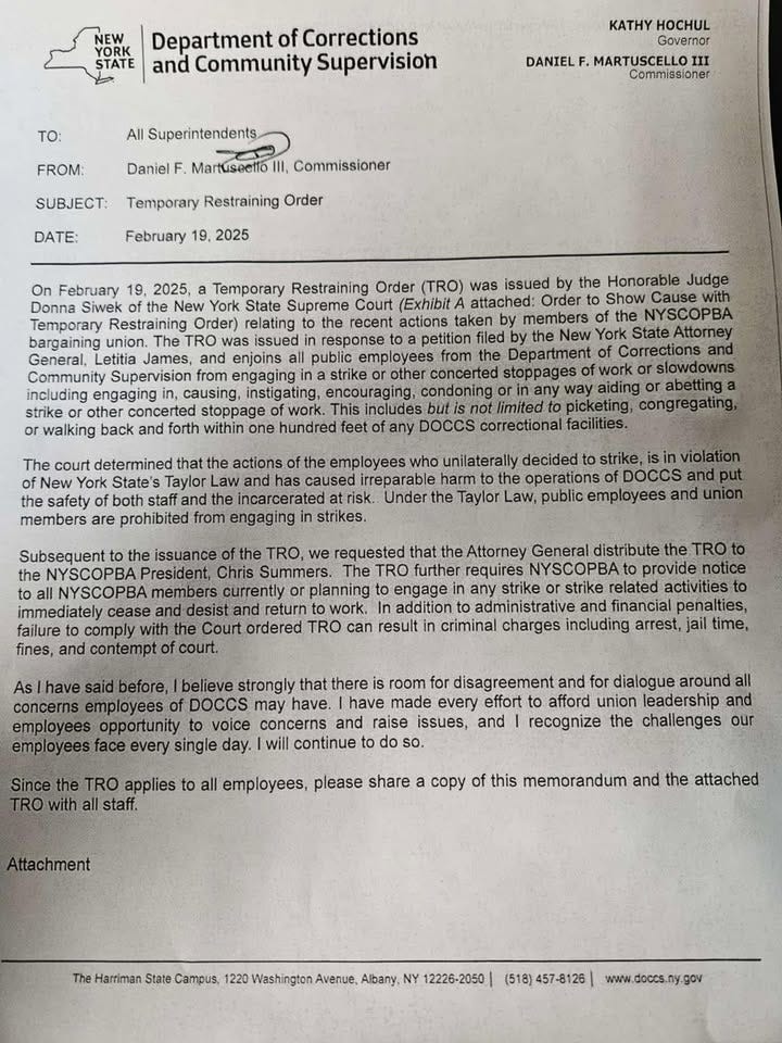 DOCCS Memo re: Temporary Restaining Order Filed