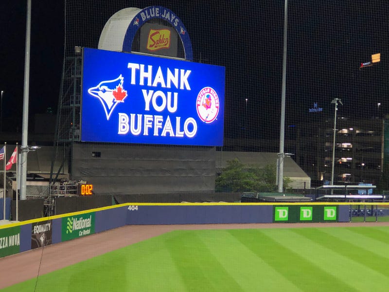 Toronto Blue Jays impose a "Thank You Buffalo" sign during their final home game in Buffalo. July 21, 2021