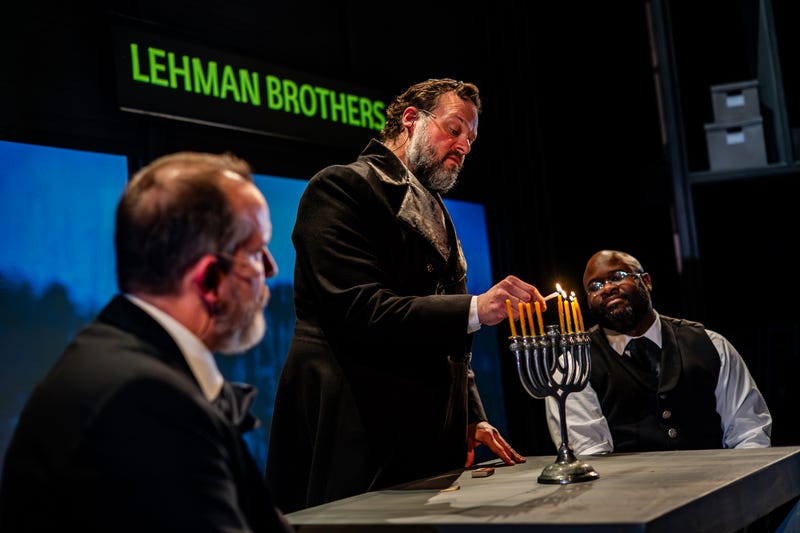 From left: Charlie DelMarcelle (Emanuel Lehman), Scott Greer (Henry Lehman), and Akeem Davis (Mayer Lehman) in the Arden Theatre Company’s 2024 production of “The Lehman Trilogy. ”