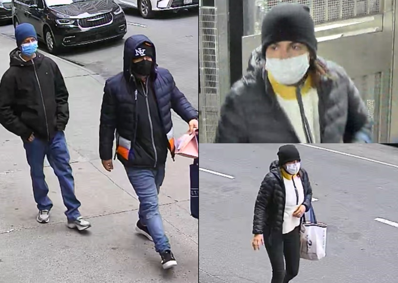 Police are searching for two men and a woman in their 30s after a man was relieved of a suitcase filled with $100,000 in jewels near Times Square