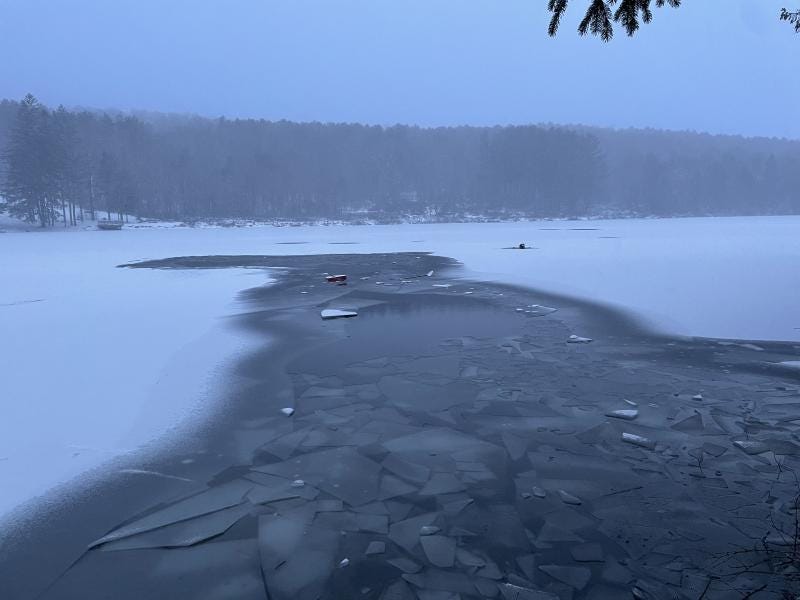 Thin ice at Basswood Pond.