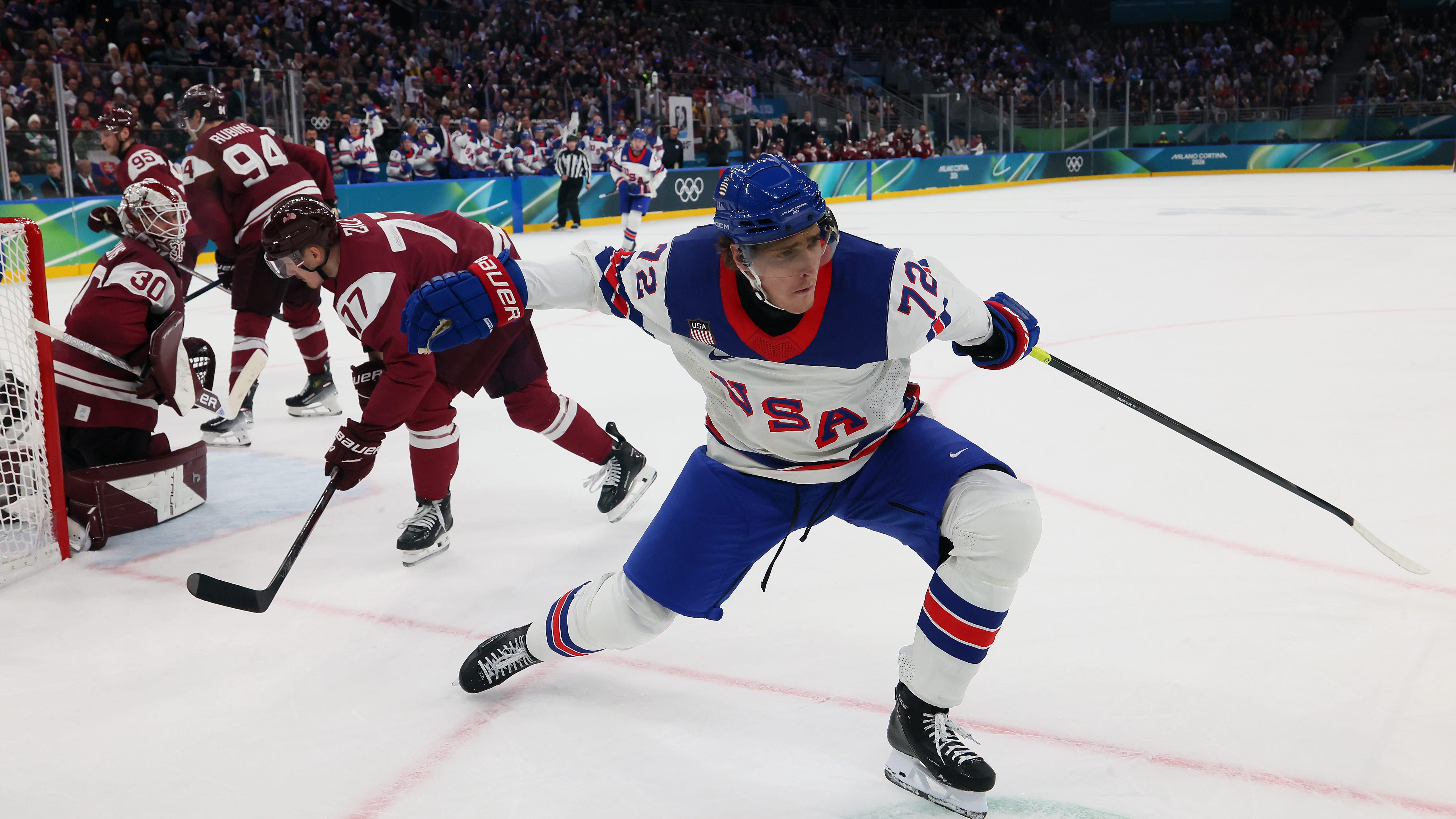 Tage Thompson scores to help Team USA past Latvia in Olympic opener