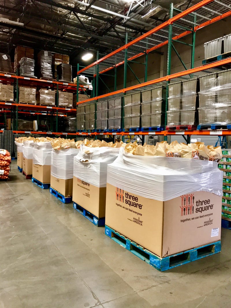 Boxes of donated food at the Three Square Food Bank warehouse