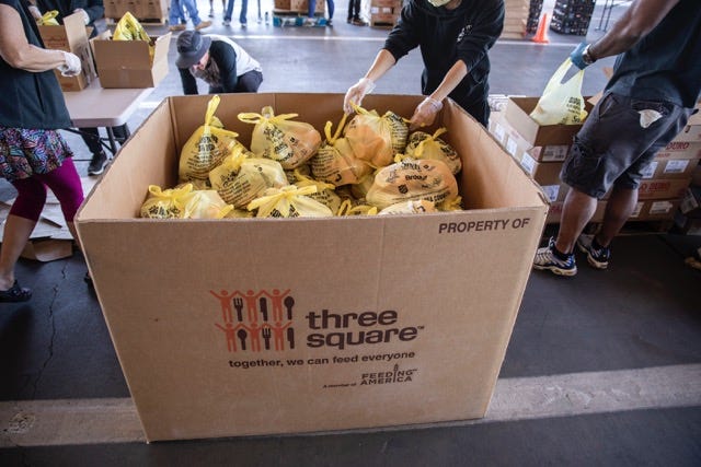Bags of food are prepared for distribution at Boulder Station Hotel Casino