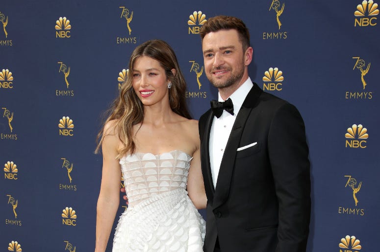 Jessica Biel and Justin Timberlake arrive for the 70th Emmy Awards