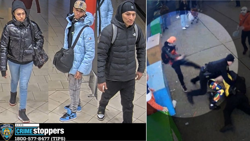 Police are searching for three suspects after they arrested the fourth suspect, Darwin Andres Gomez-Izquiel, 19, in Tuesday's robbery at the Macy's at Queens Center Mall. Gomez-Izquiel is allegedly the man seen kicking an NYPD officer in the Jan. 27 Times Square mob assault (right)