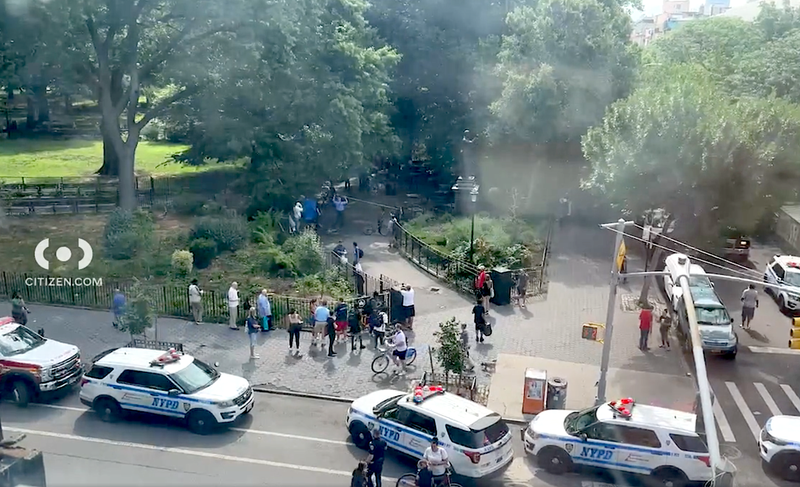 Police investigate after a shooting in Tompkins Square Park killed one and critically injured another on July 12, 2024.