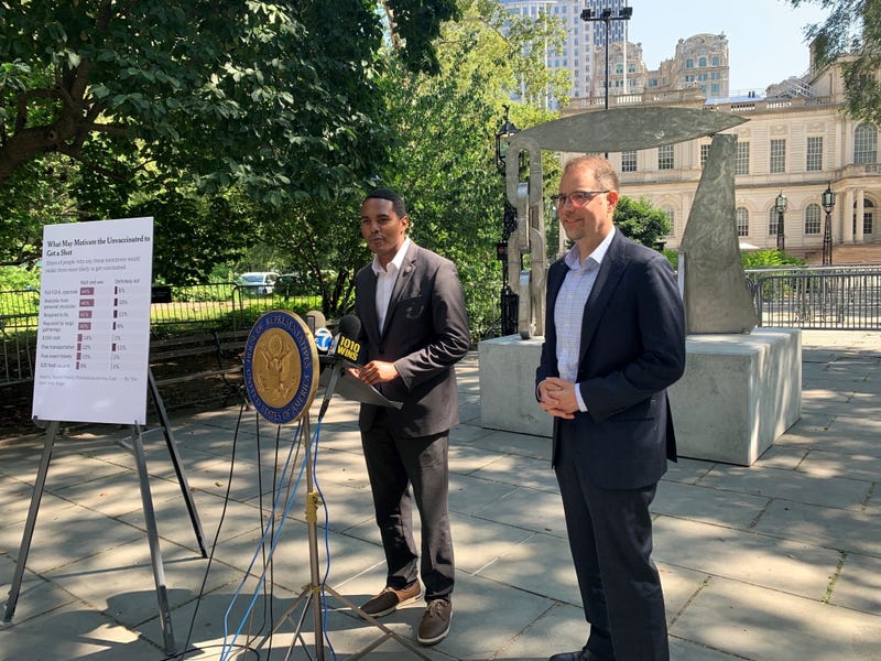 Bronx Rep. Richie Torres and Council member Mark Levine, the chair of the Council's health committee, push for the Biden administration to adopt a vaccine mandate for air travel outside of City Hall on Friday, Aug. 6, 2021.