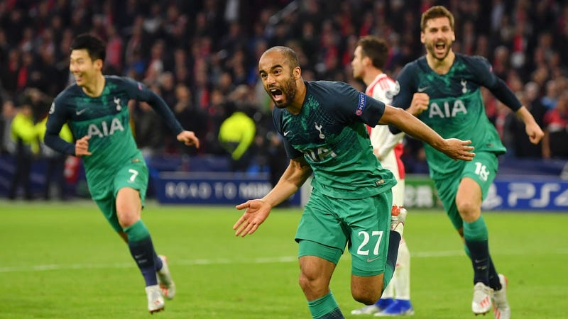 Lucas Moura and Tottenham celebrate the third goal in their rally against Ajax in the Champions League semfinals.