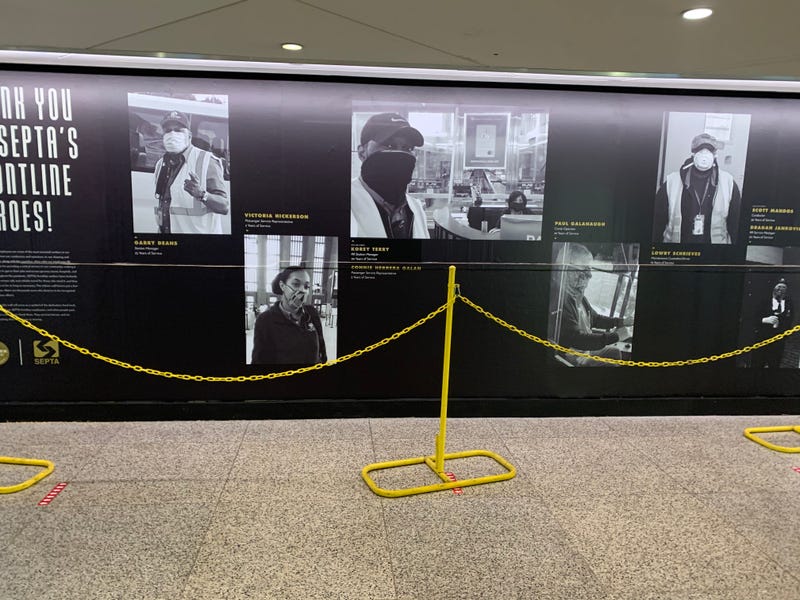 A portion of the “Frontline Heroes Tribute Wall” that salutes 28 SEPTA employees who represent a diverse group of backgrounds and positions erected inside Suburban Station.