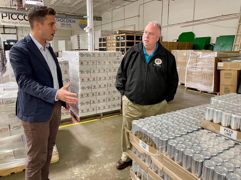 State Rep. Dave Hinman, a Republican from O’Fallon, toured the warehouse of St. Louis-based Triple High Seltzer, a hemp-derived THC beverage, on Feb. 7 with the company’s founder Will Spartin.