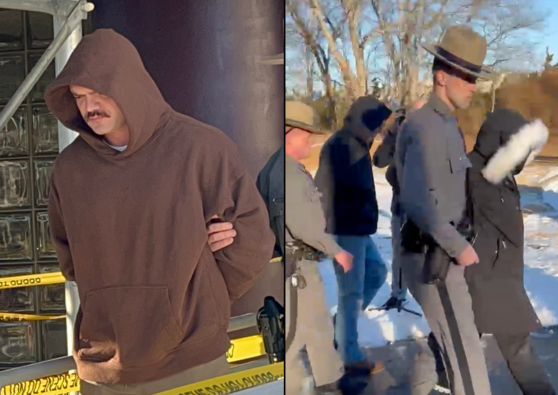 Thomas Mascia (left) and his parents (right) are escorted from the state police barracks in Farmingdale, where they surrendered Monday morning to face charges