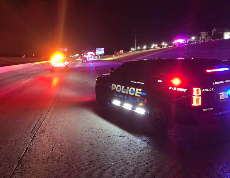 The scene of a crash on State Highway 114 in Trophy Club, Texas on Sunday, Aug. 13, 2023.