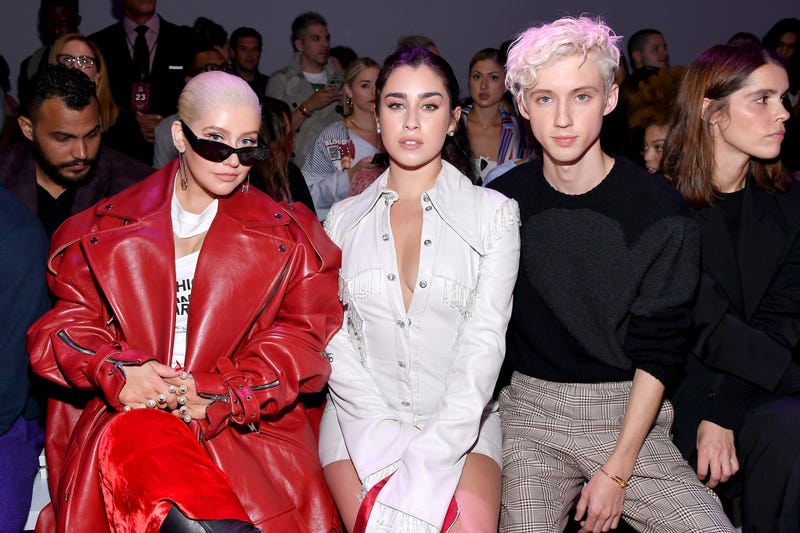 Christina Aguilera, Lauren Jauregui and Troye Sivan attend the Christian Cowan - Front Row during New York Fashion Week: The Shows at Gallery II at Spring Studios on September 8, 2018 in New York City. 