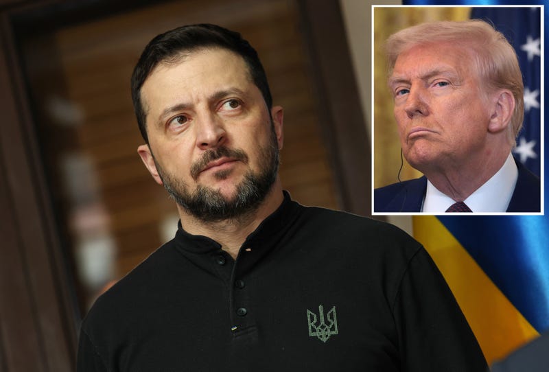 Ukrainian President Volodymyr Zelenskyy is seen in Munich on February 15, 2025. Inset: President Donald Trump at the White House on February 13, 2025