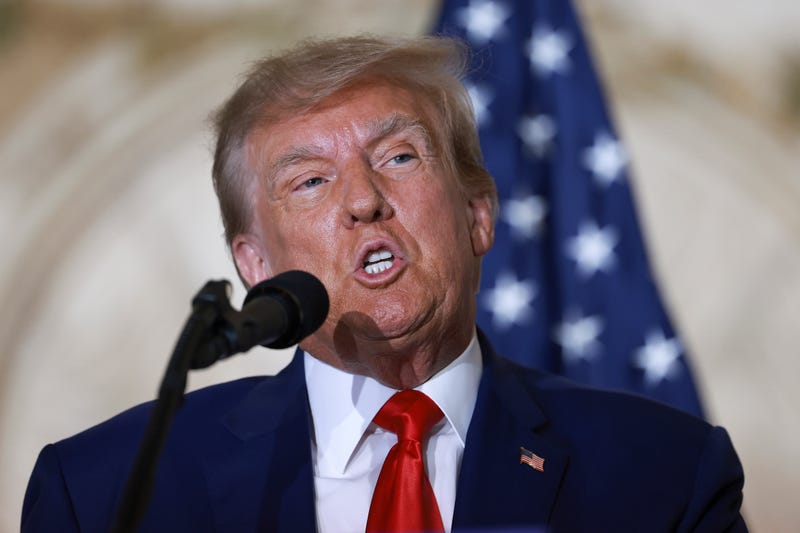 Former U.S. President Donald Trump speaks during an event at Mar-a-Lago April 4, 2023 in West Palm Beach, Florida. Earlier in the day, Trump pleaded not guilty to 34 felony counts stemming from hush money payments in 2016 to two women.