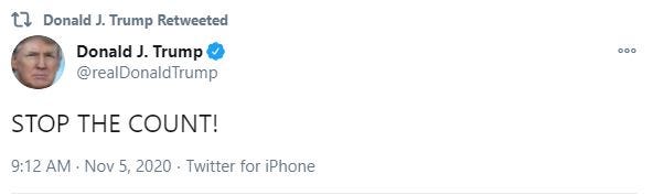 Screenshot of tweet by President Donald Trump, 9:12 AM November 5, 2020
