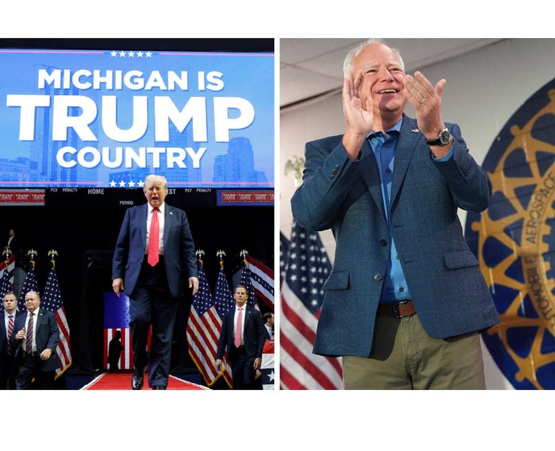 Donald Trump, left, and Tim Walz in Michigan