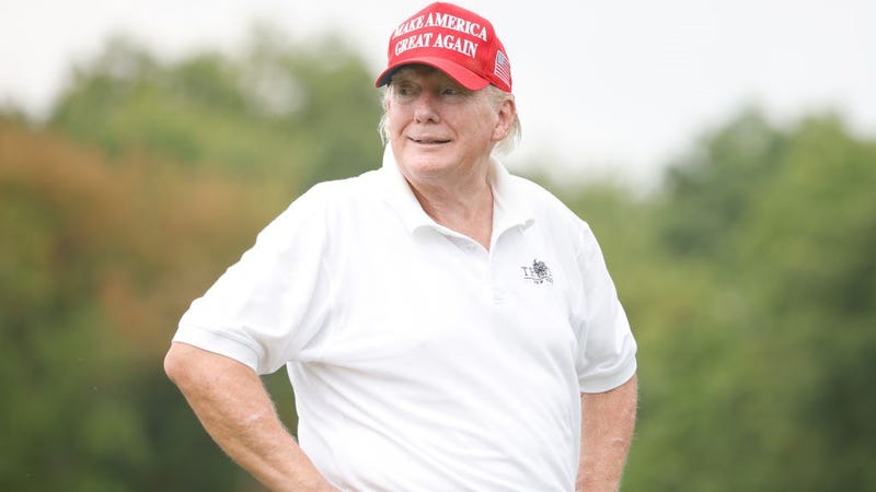 Former U.S. President Donald Trump looks on during the pro-am prior to the LIV Golf Invitational - Bedminster at Trump National Golf Club Bedminster on July 28, 2022 in Bedminster, New Jersey. 