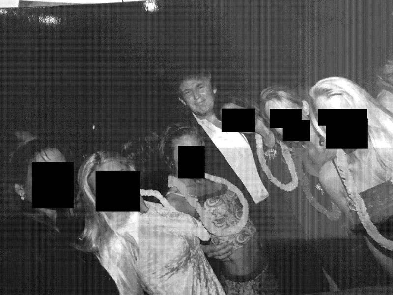 Donald Trump appears with young women with their faces blurred