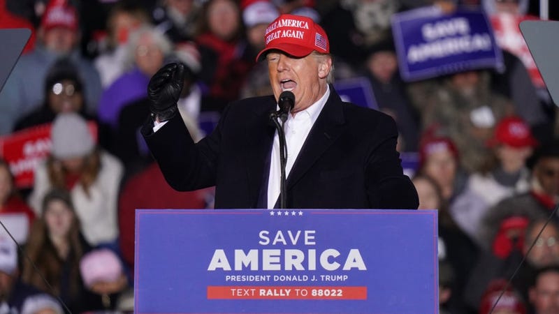 Former US President Donald Trump speaks to the crowd during a rally at the Florence Regional Airport on March 12, 2022 in Florence, South Carolina. 