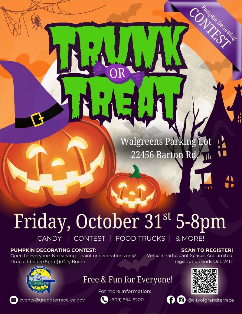 Trunk or Treat flyer with jack-o-lanterns and spooky tree against a full moon