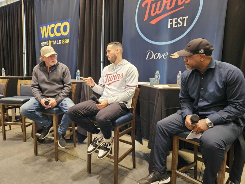 2024 TwinsFest with (L-R) Twins radio broadcaster Dan Gladden, shortstop Carlos Correa, and WCCO's Henry Lake.