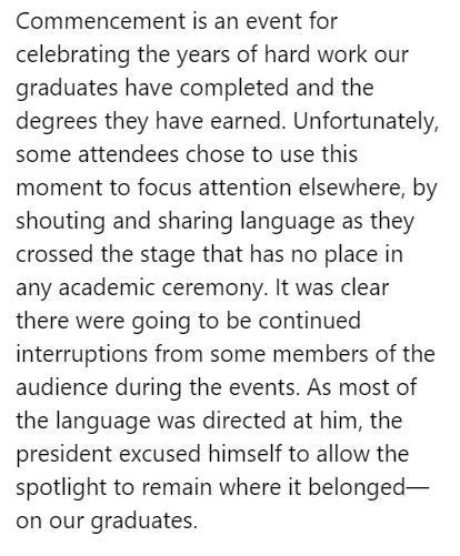 University of Hartford statement, issued 5/16/21, regarding incident at commencement on 5/15/21.