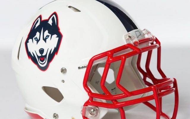 A University of Connecticut football player's helmet.