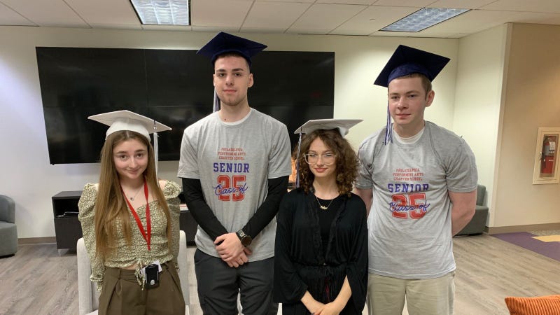 Ukranian students (L-R) Olesia Skorets, Mykola Peredruk, Sofiya Ionina, and Olaksandr “Sasha” Melenchuk Monday at Philadelphia Performing Arts: A String Theory Charter School