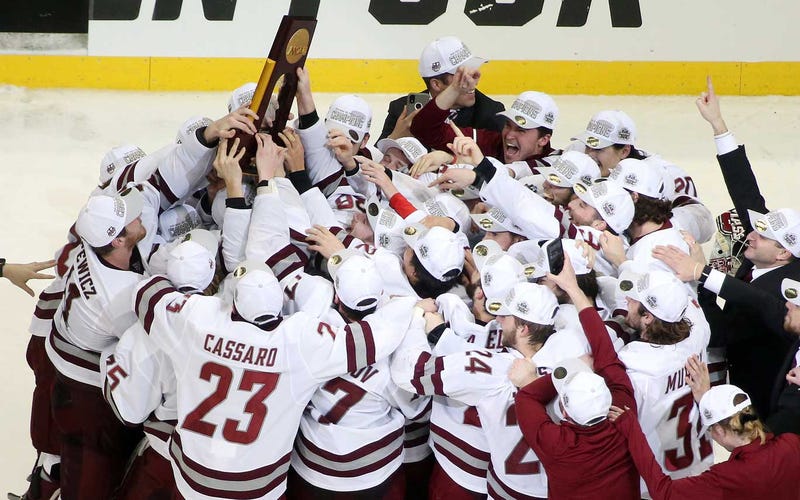 The UMass Minutemen celebrate the program's first national championship