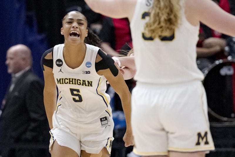 Michigan guard Laila Phelia (5) celebrates scoring against UNLV in the first half of a first-round college basketball game in the women's NCAA Tournament in Baton Rouge, La., Friday, March 17, 2023