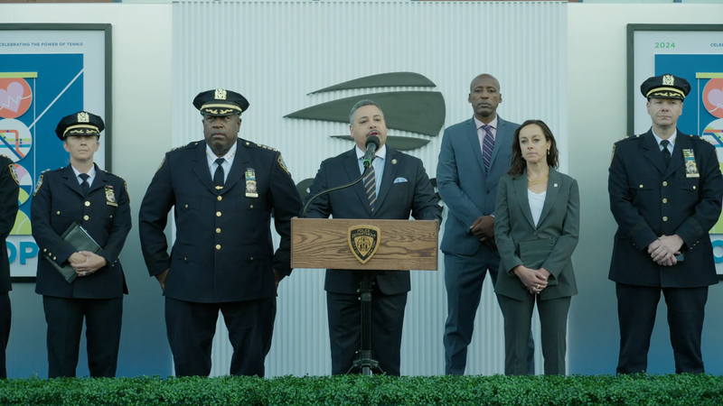 NYPD Commissioner Edward Caban (center) joined other NYPD officials for a security briefing Monday on the U.S. Open